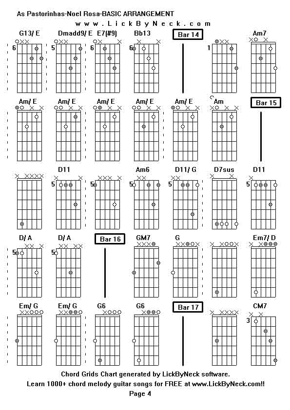 Chord Grids Chart of chord melody fingerstyle guitar song-As Pastorinhas-Noel Rosa-BASIC ARRANGEMENT ,generated by LickByNeck software.